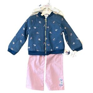 Little Lass - 3 piece Blue Floral Denim Style Bomber Jacket with Pink Pants Set
